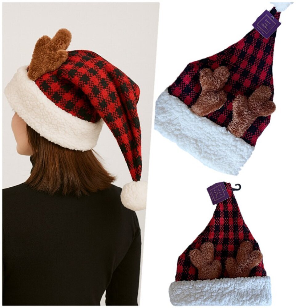 NWT Nordstrom Buffalo Plaid Reindeer Santa Hat Woman Men